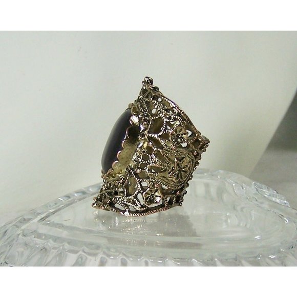 Moonstone Open Back Scalloped Bezel Set Long Knuckle Ring Filigree Brass Size 6 - Picture 2 of 6